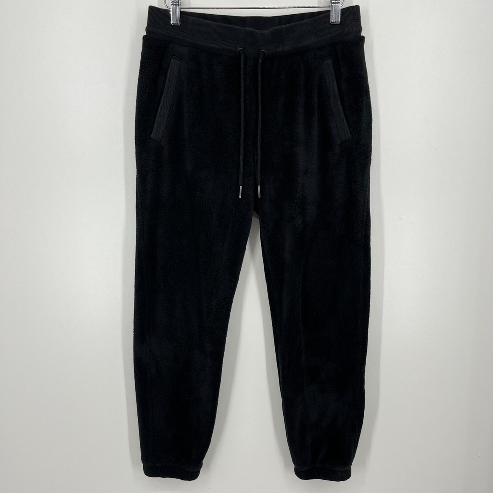 Athleta Fleece Sweatpants Women's S Black Drawstring Tapered Pockets Logo Yoga